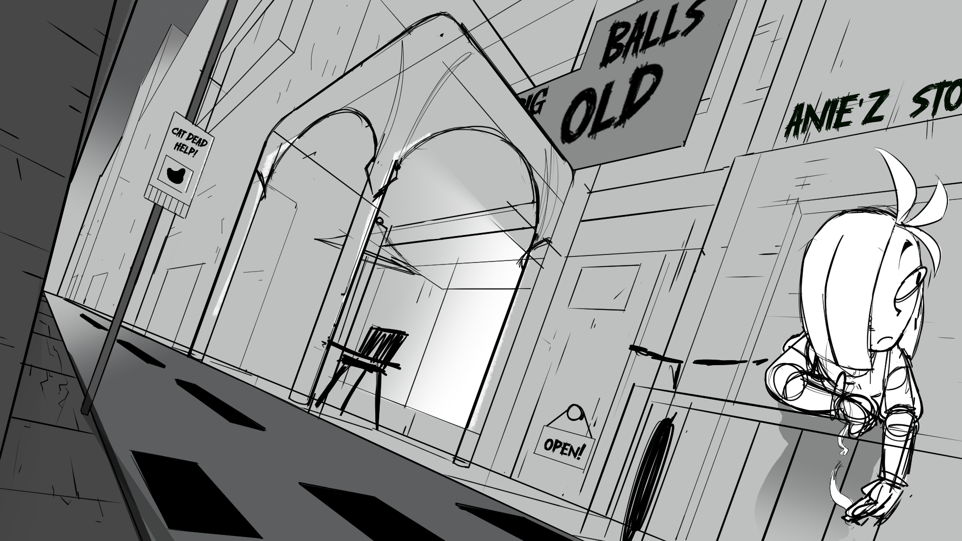 Greyscale environment sketch of a storefront street scene