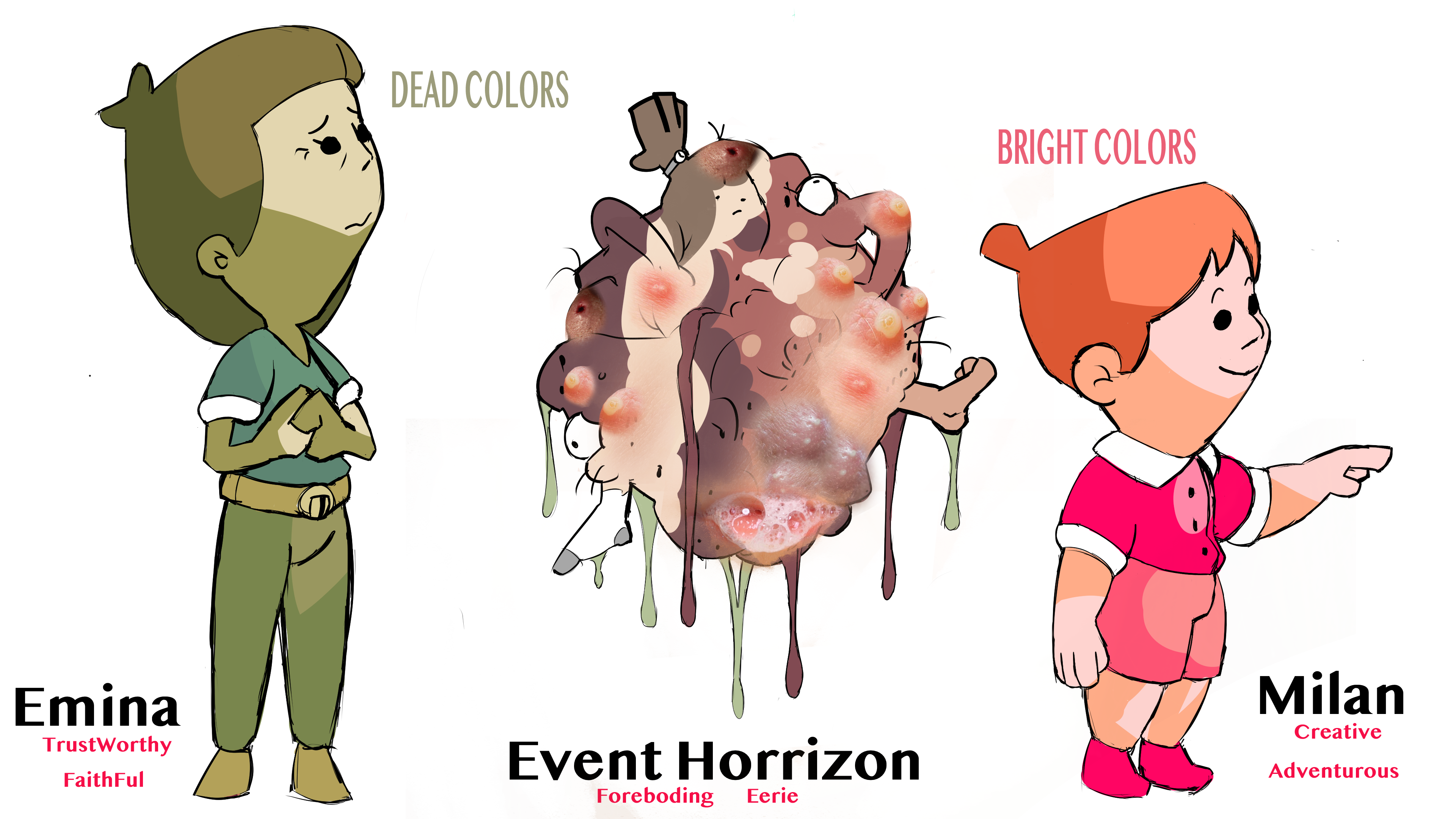 Character designs for Emina, Milan, and Event Horizon showing color theory