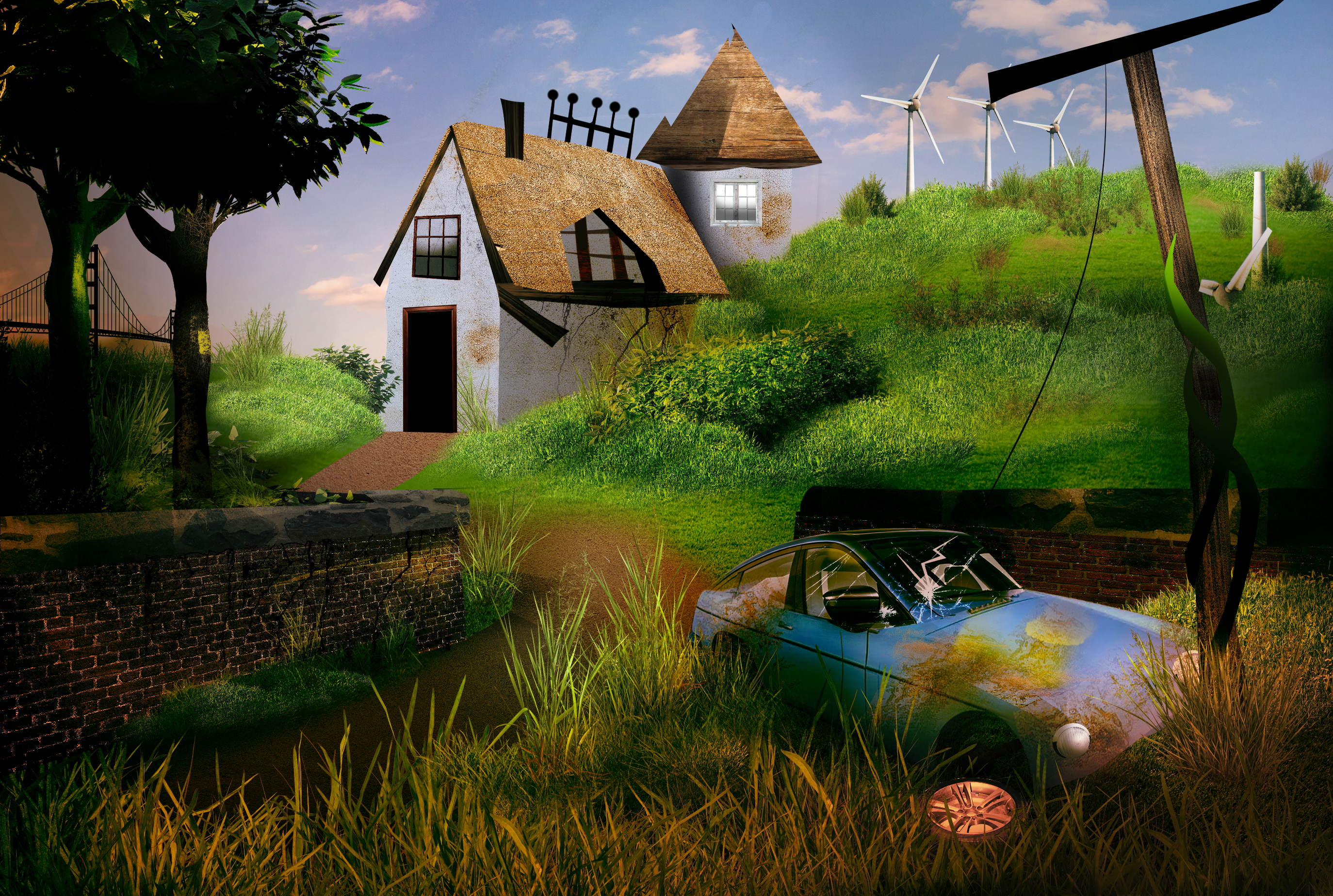 Photobash of a cottage with abandoned car and wind turbines